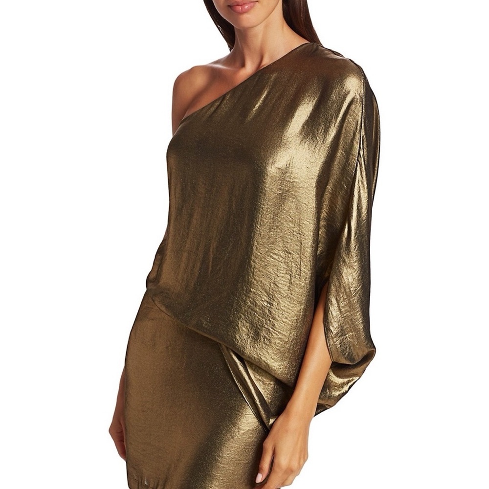 Halston Gold Metallic One Shoulder Drape Mini
